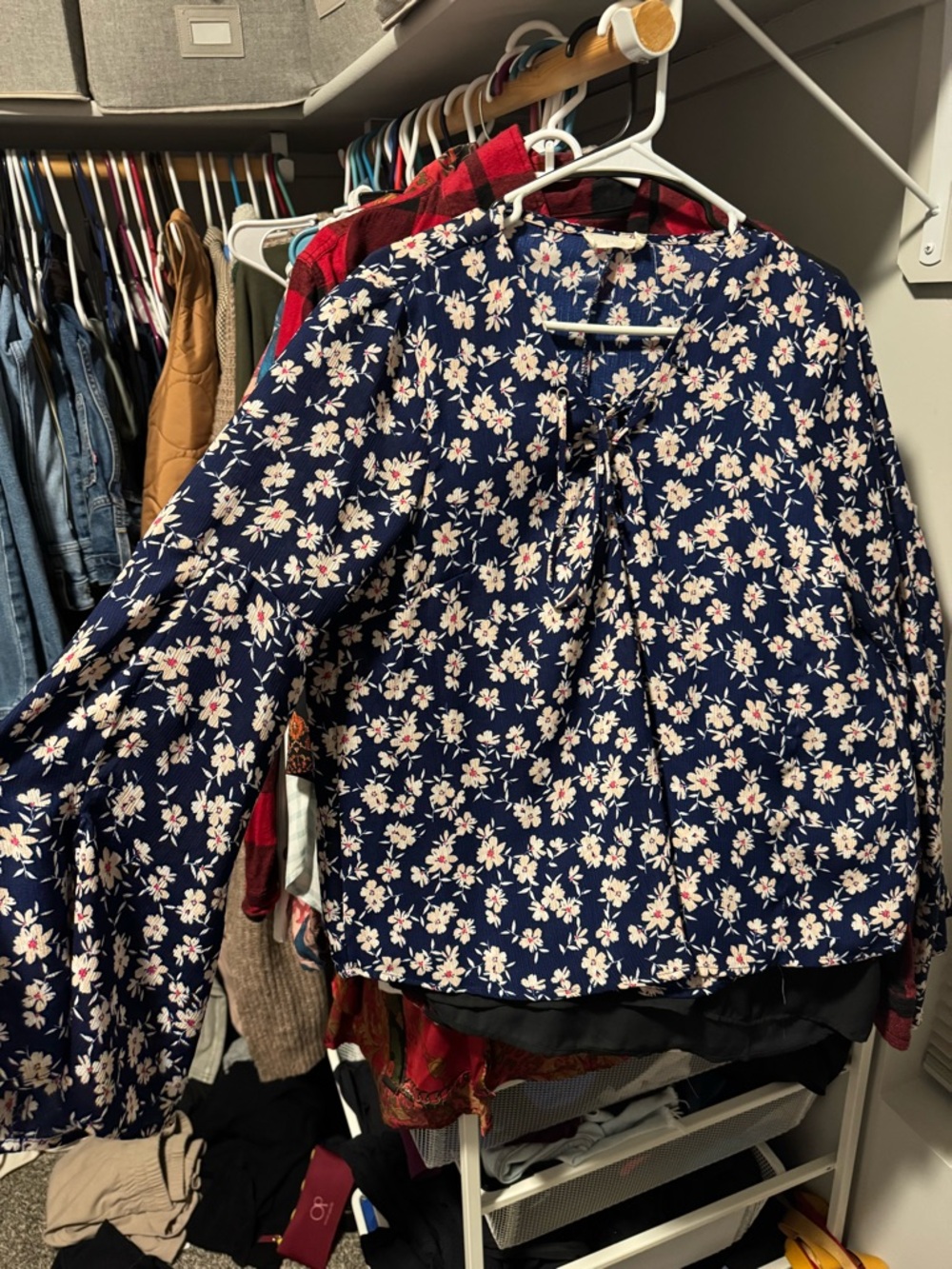Lush Navy Floral Tie-Neck Blouse